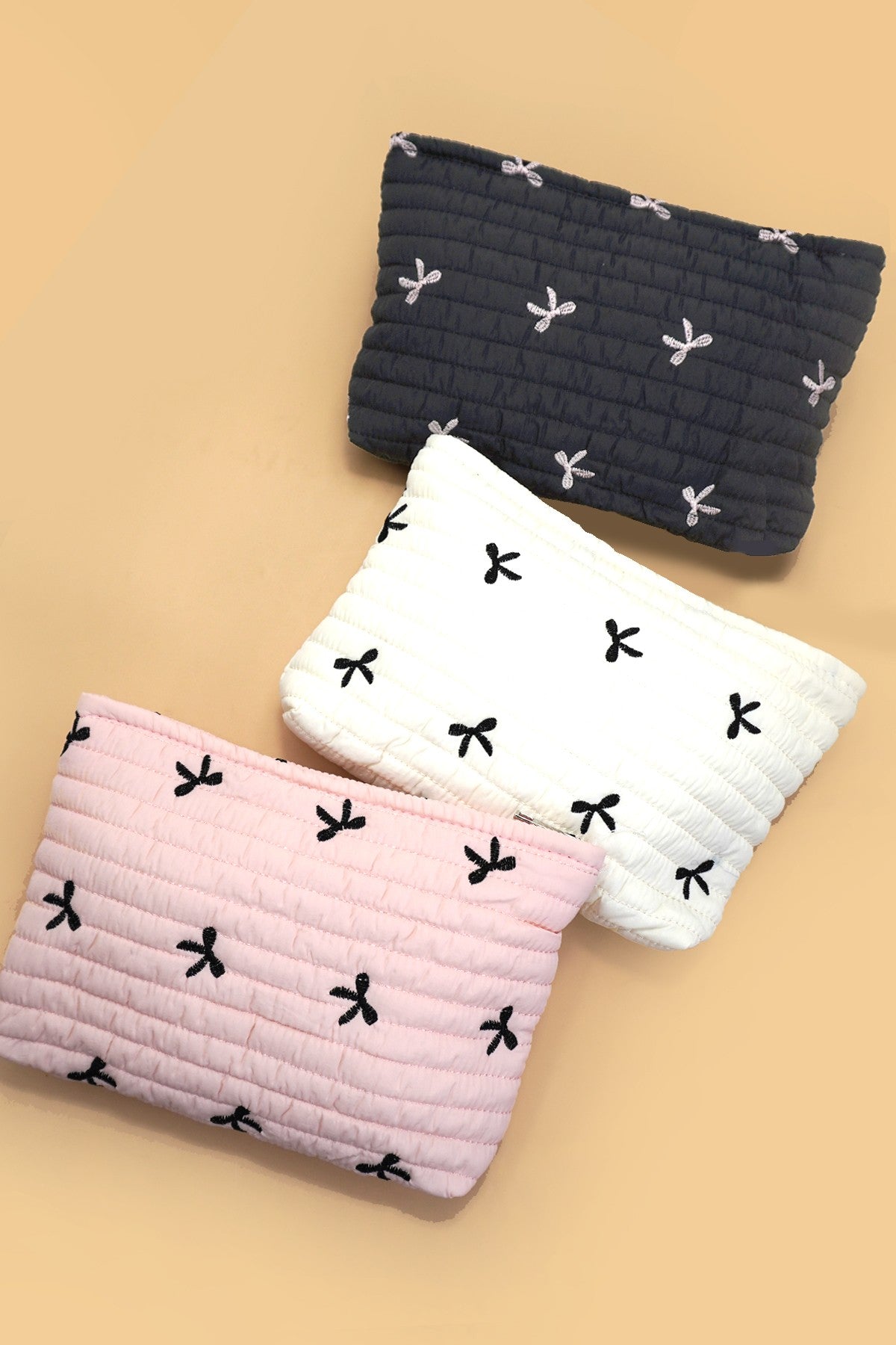 Quilted Bow Stitched Puffy Cosmetic Makeup Pouch