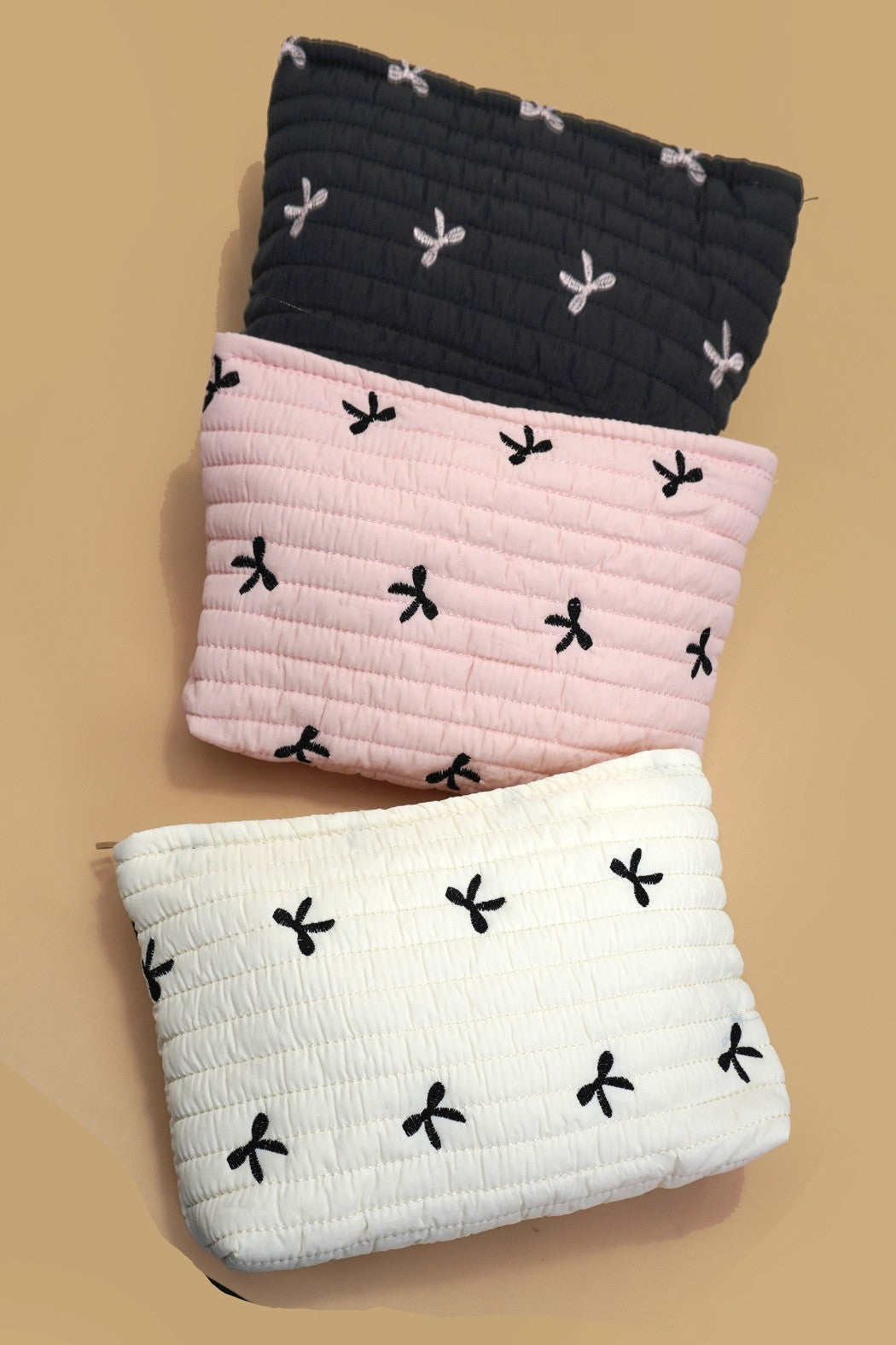 Quilted Bow Stitched Puffy Cosmetic Makeup Pouch