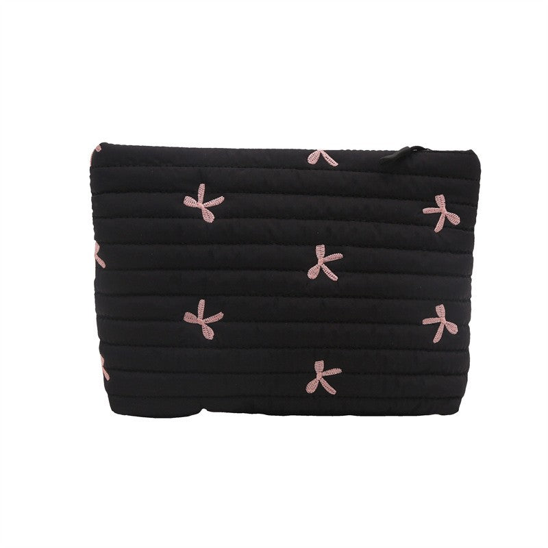 Quilted Bow Stitched Puffy Cosmetic Makeup Pouch
