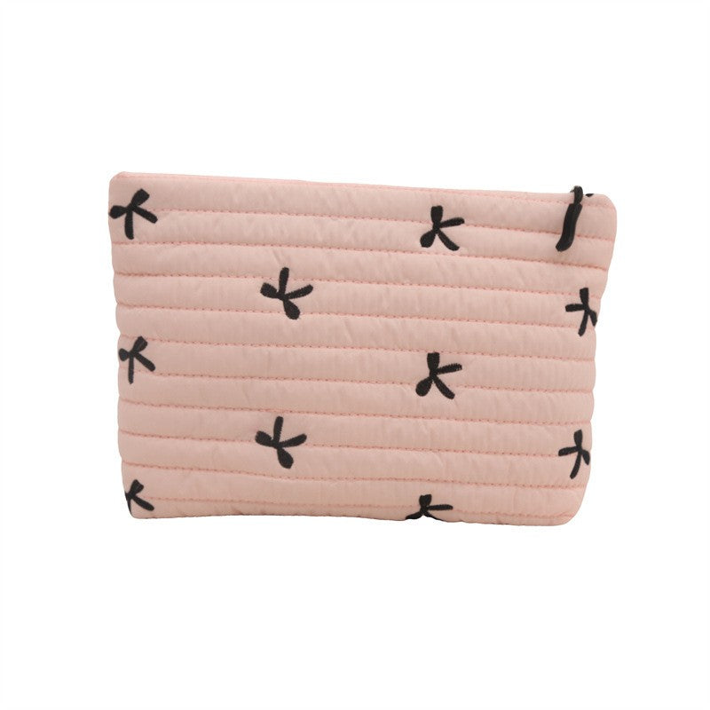 Quilted Bow Stitched Puffy Cosmetic Makeup Pouch
