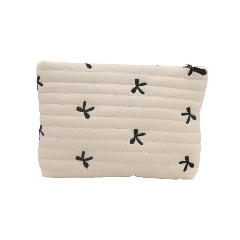 Quilted Bow Stitched Puffy Cosmetic Makeup Pouch