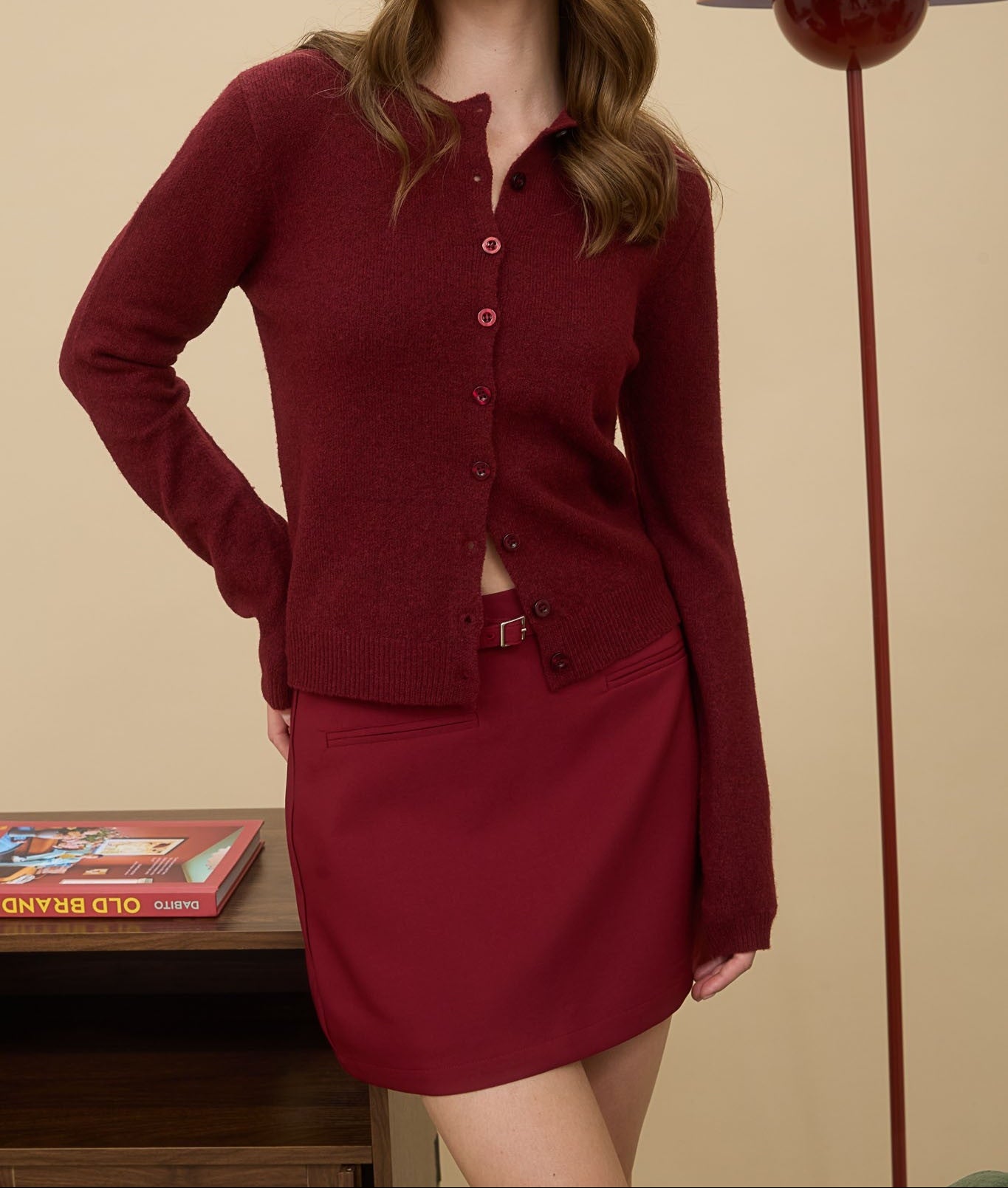 Round Neck Button Down Long Sleeve Burgundy Cardigan S M L