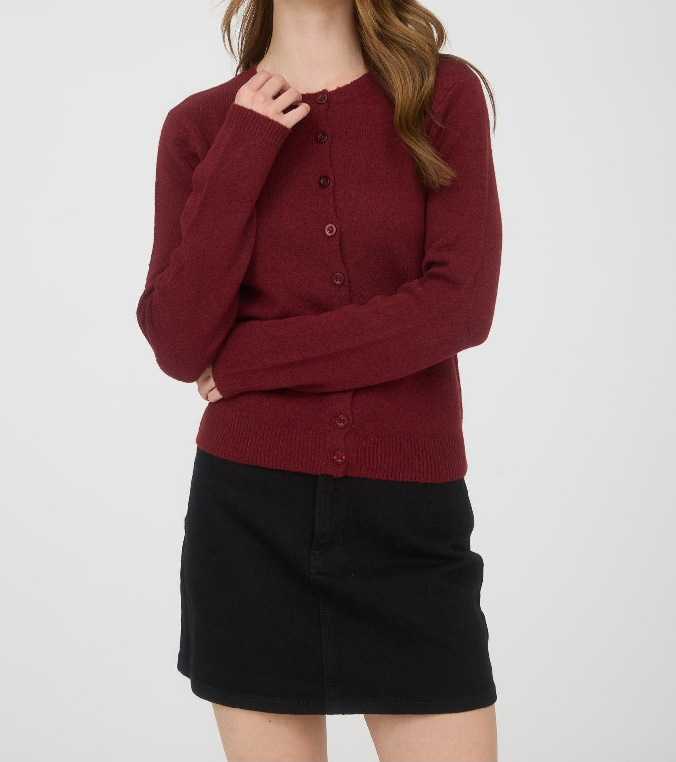 Round Neck Button Down Long Sleeve Burgundy Cardigan S M L