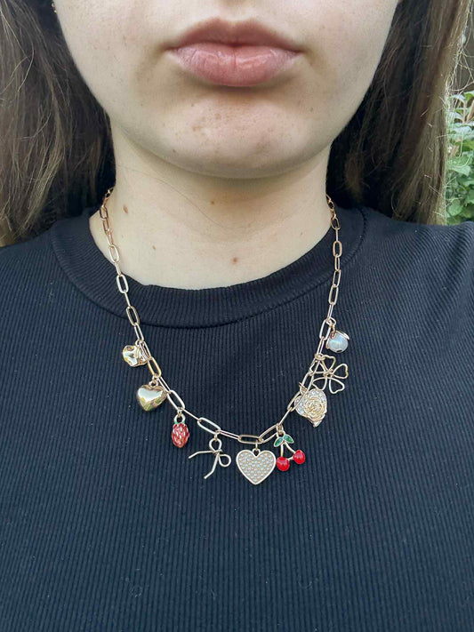 Charm Necklace - Bow Cherry Strawberry Heart Necklace