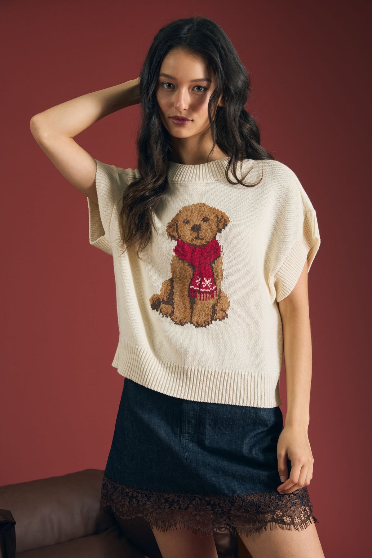 Cream Puppy Jacquard Short Sleeve Knit Sweater