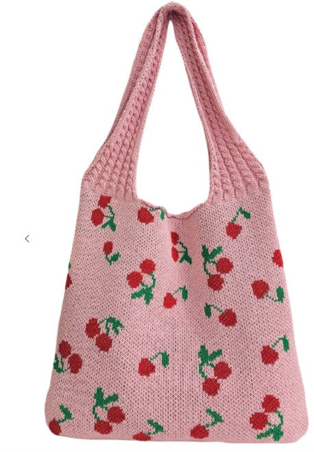 Knitted Woven Pink Crochet Tote Bag With Cherries