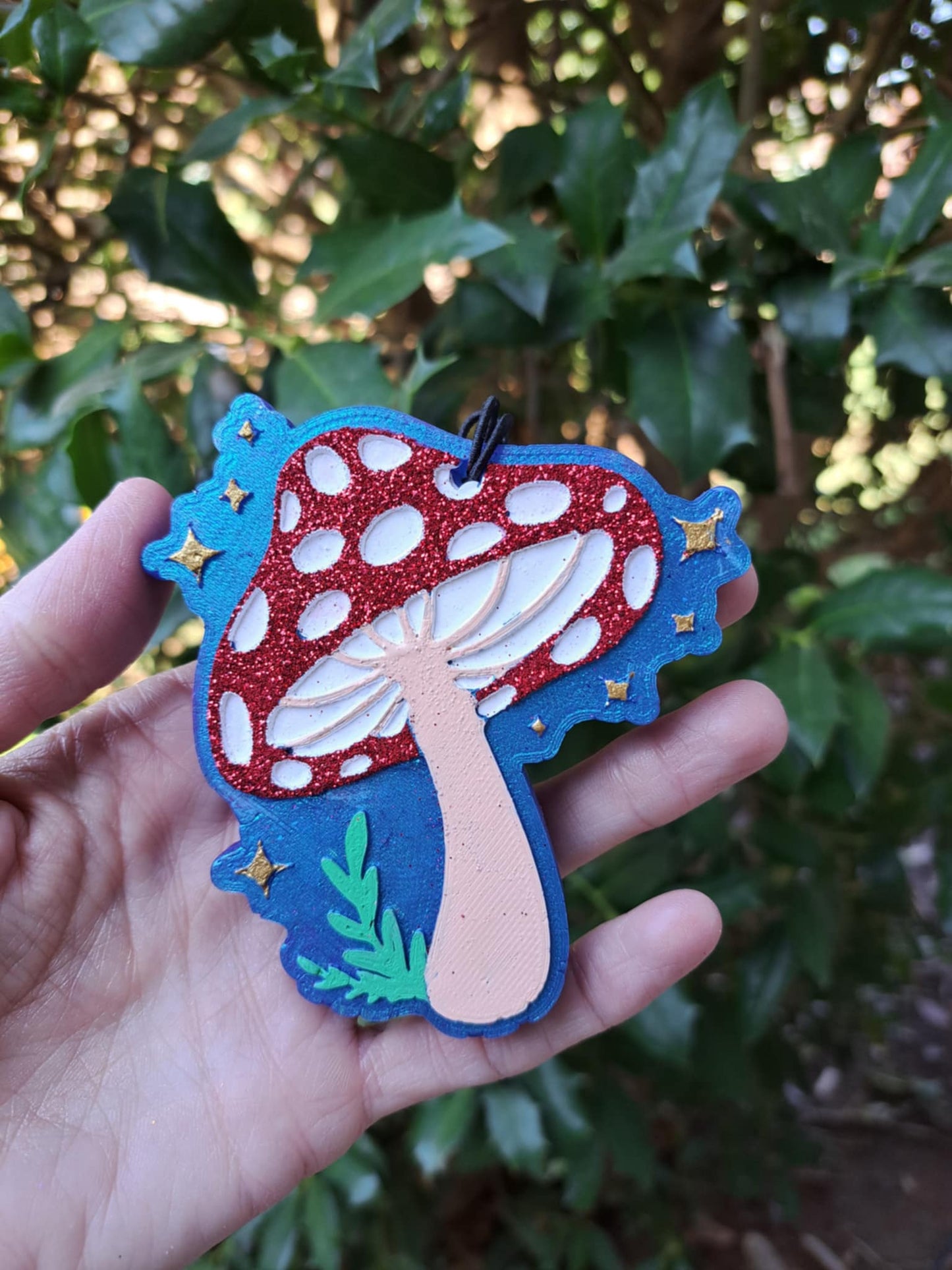 Mushroom Freshie - Metallic Blue Background Red Top