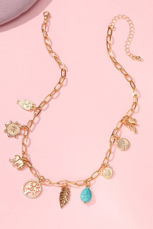 Charm Necklace with Tree Leaf Elephant Turquoise - Gold Link Chain