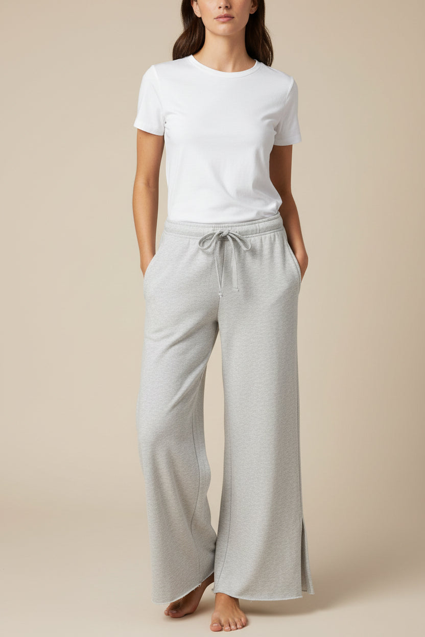 gray fleece wide leg jog pants on a rack in a store