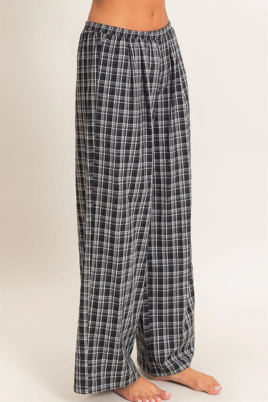 Black Elastic Waist Plaid Pants