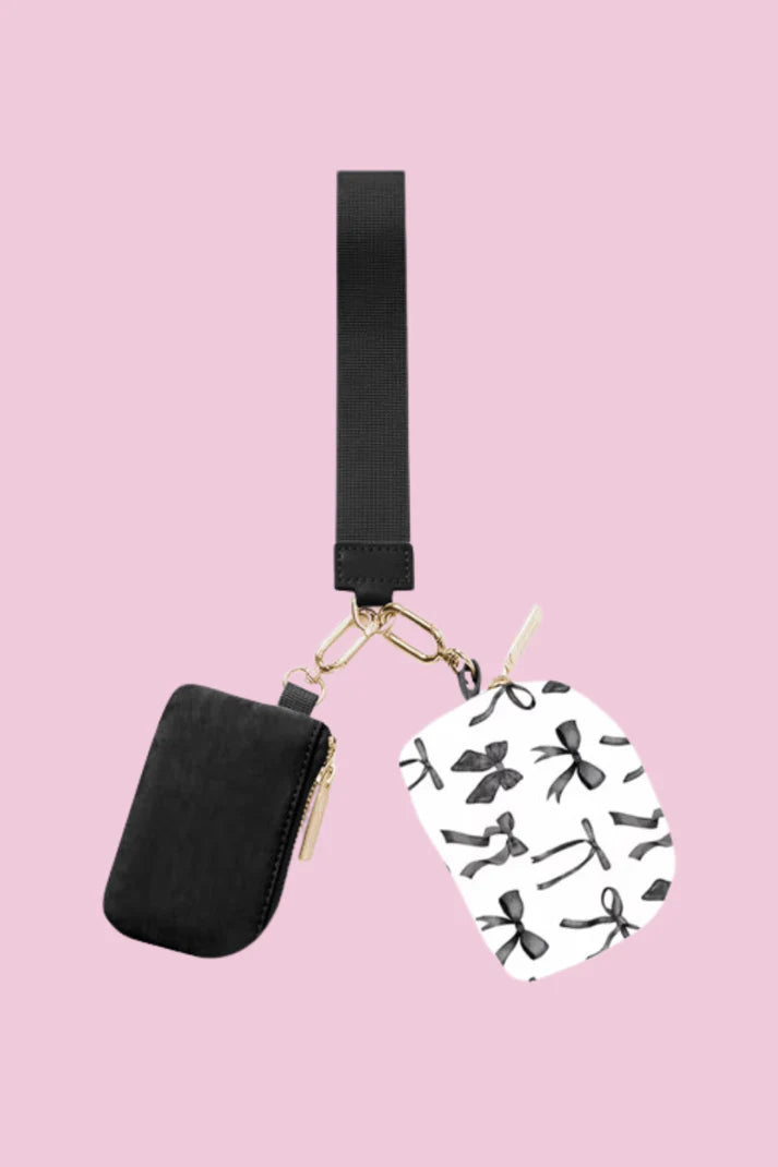 Dual Pouch Wristlet Keychain Wallet - Black Bow
