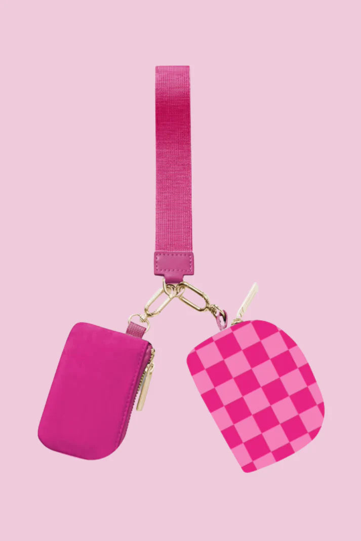 Dual Pouch Wristlet Keychain Wallet - Pink Check