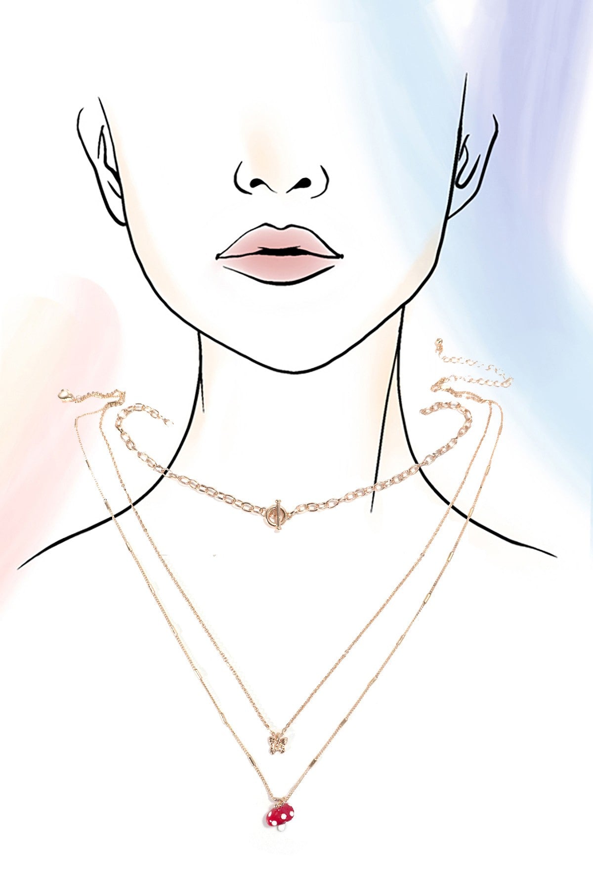 A drawing of a woman's neck wearing a gold-tone multi-layered necklace with a butterfly charm.