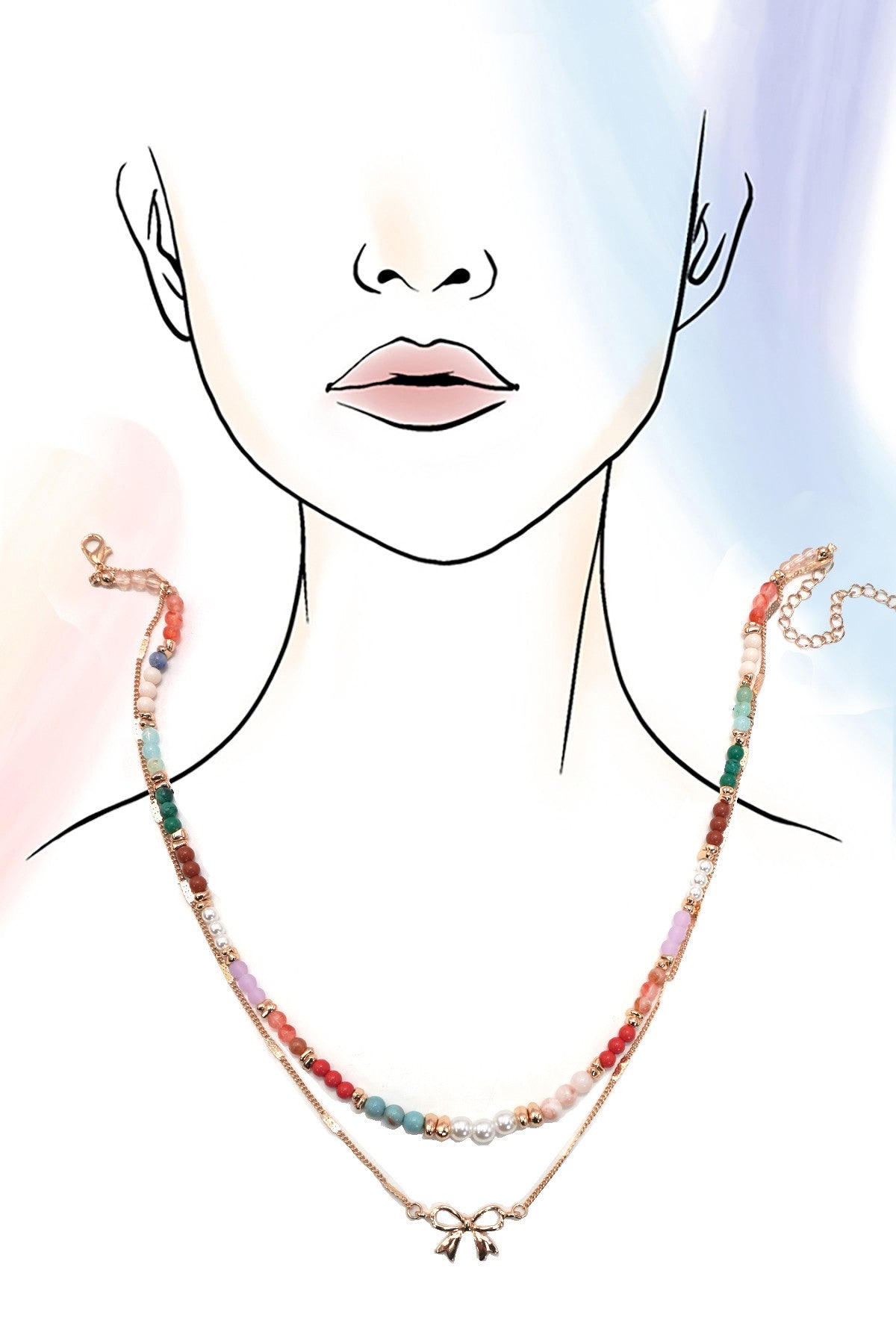 Multi-Beaded Bow Charm Double Layer Necklace