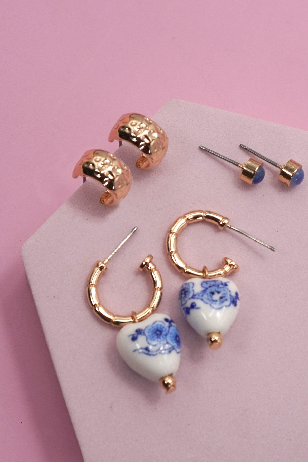 Vintage Ceramic Porcelin Trio Huggie Hoop Earrings