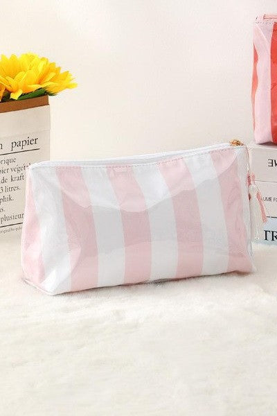 Vinyl Travel Striped Cosmetic Bag - Pink White