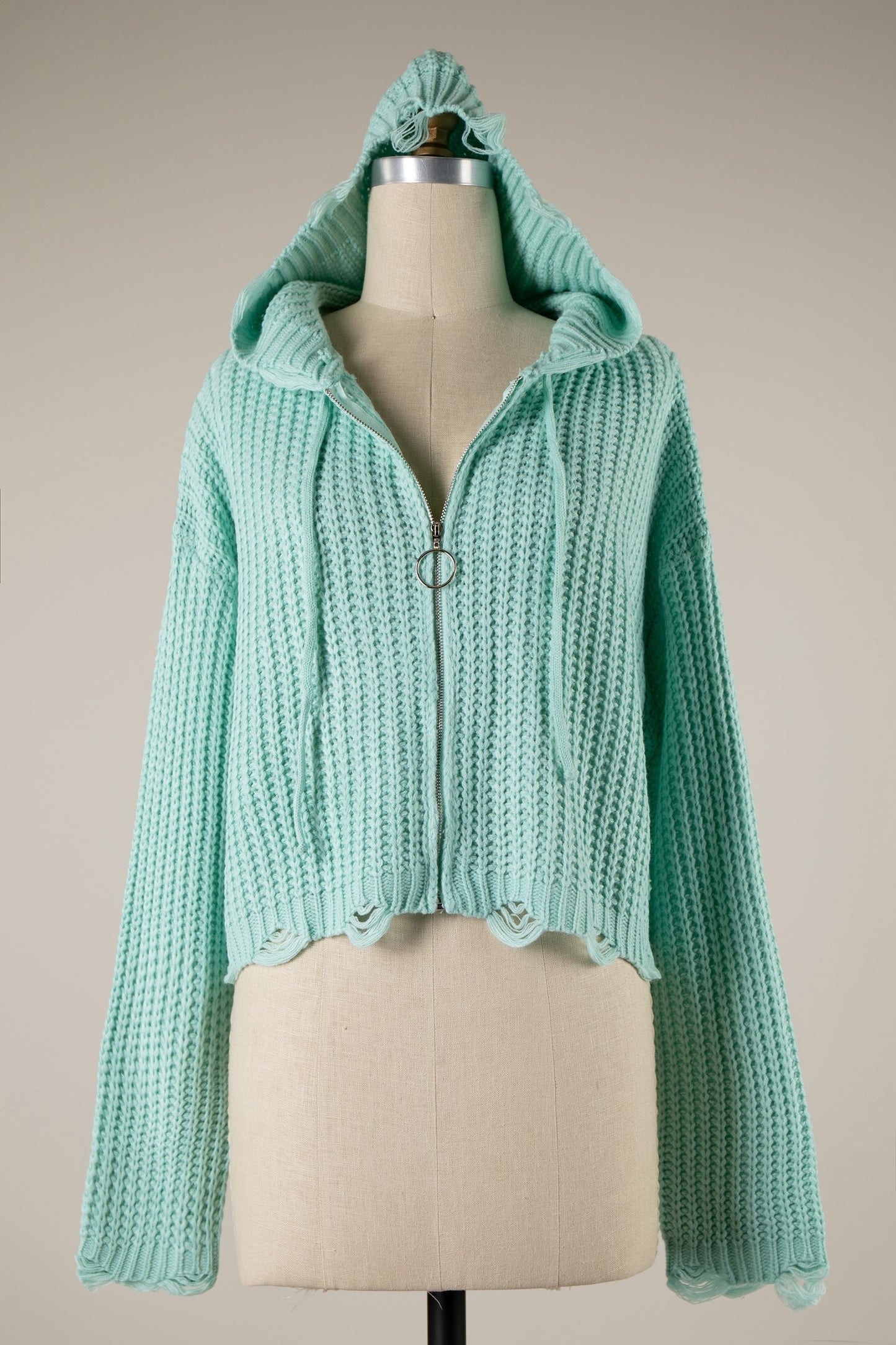 Blue Green Mint Zip Front Knit Distressed Sweater Hoodie