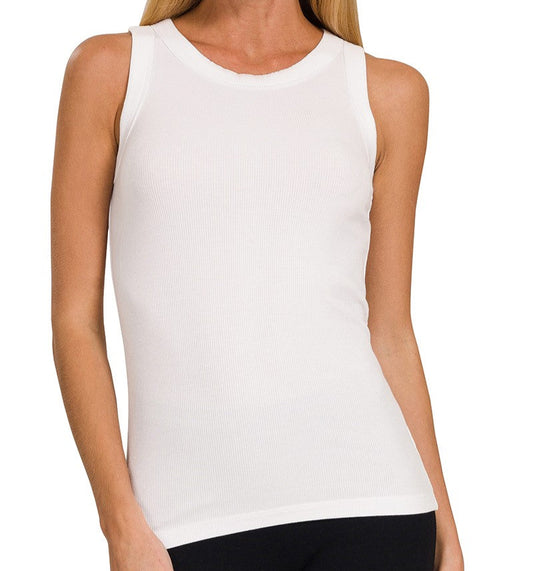 A ribbed round neck tank top in off white color, shown in a flat lay on a person.