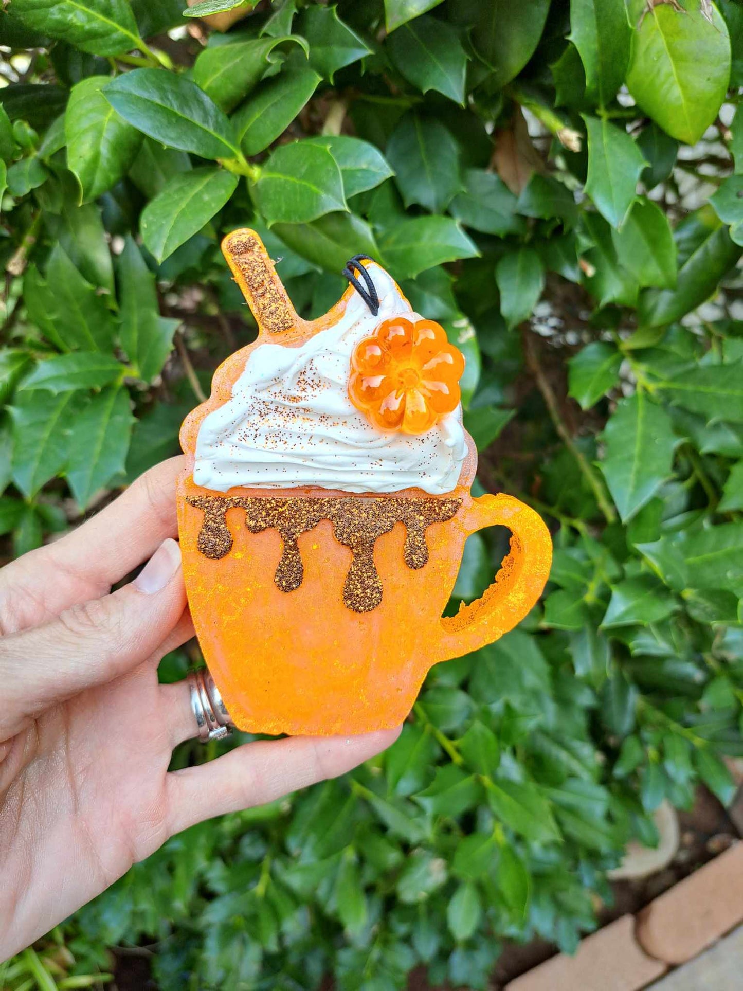 orange freshie mug shape with whipped cream and pumpkin charm