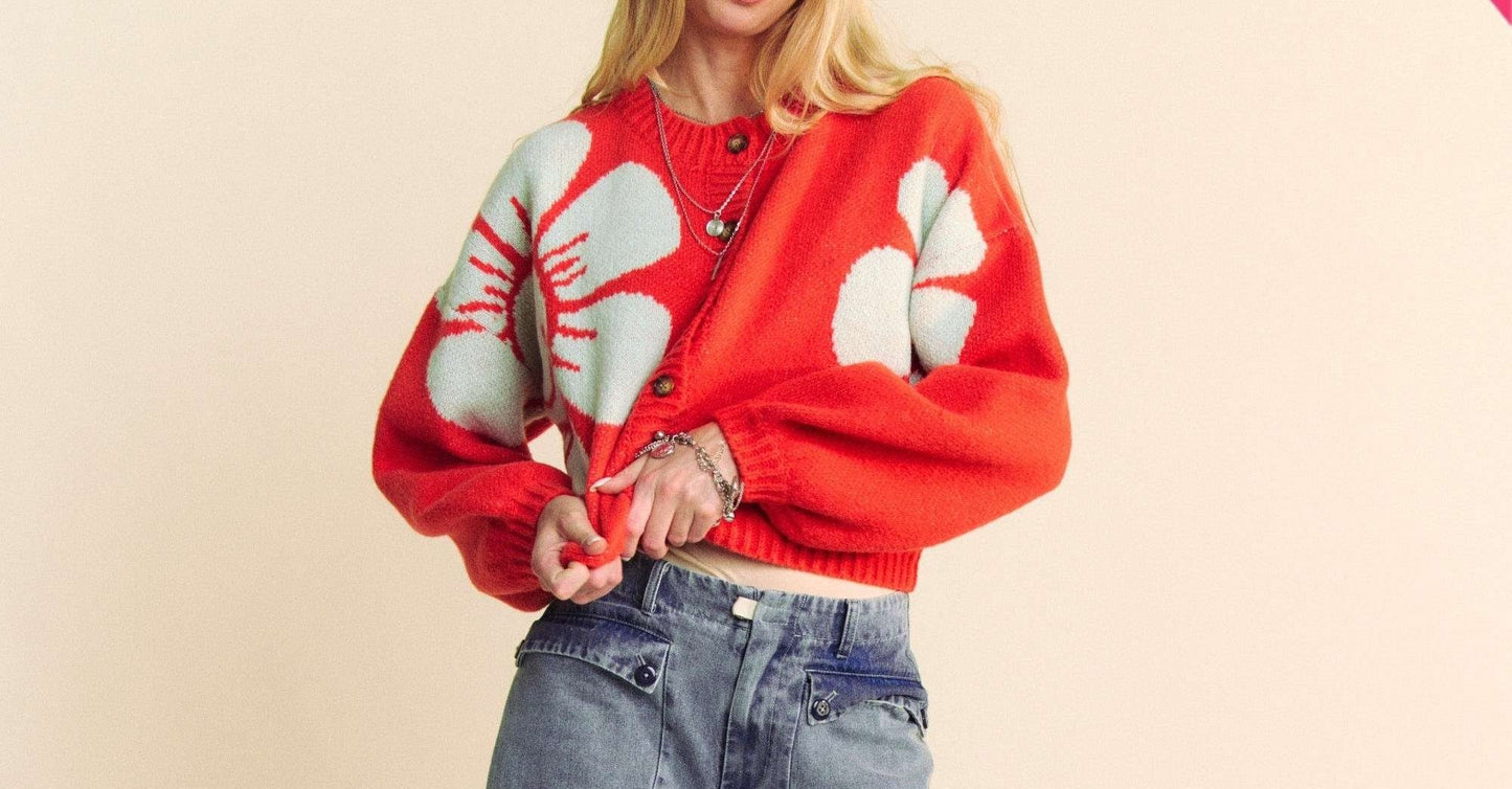 Orange Daisy Print Cropped Cardigan S M L