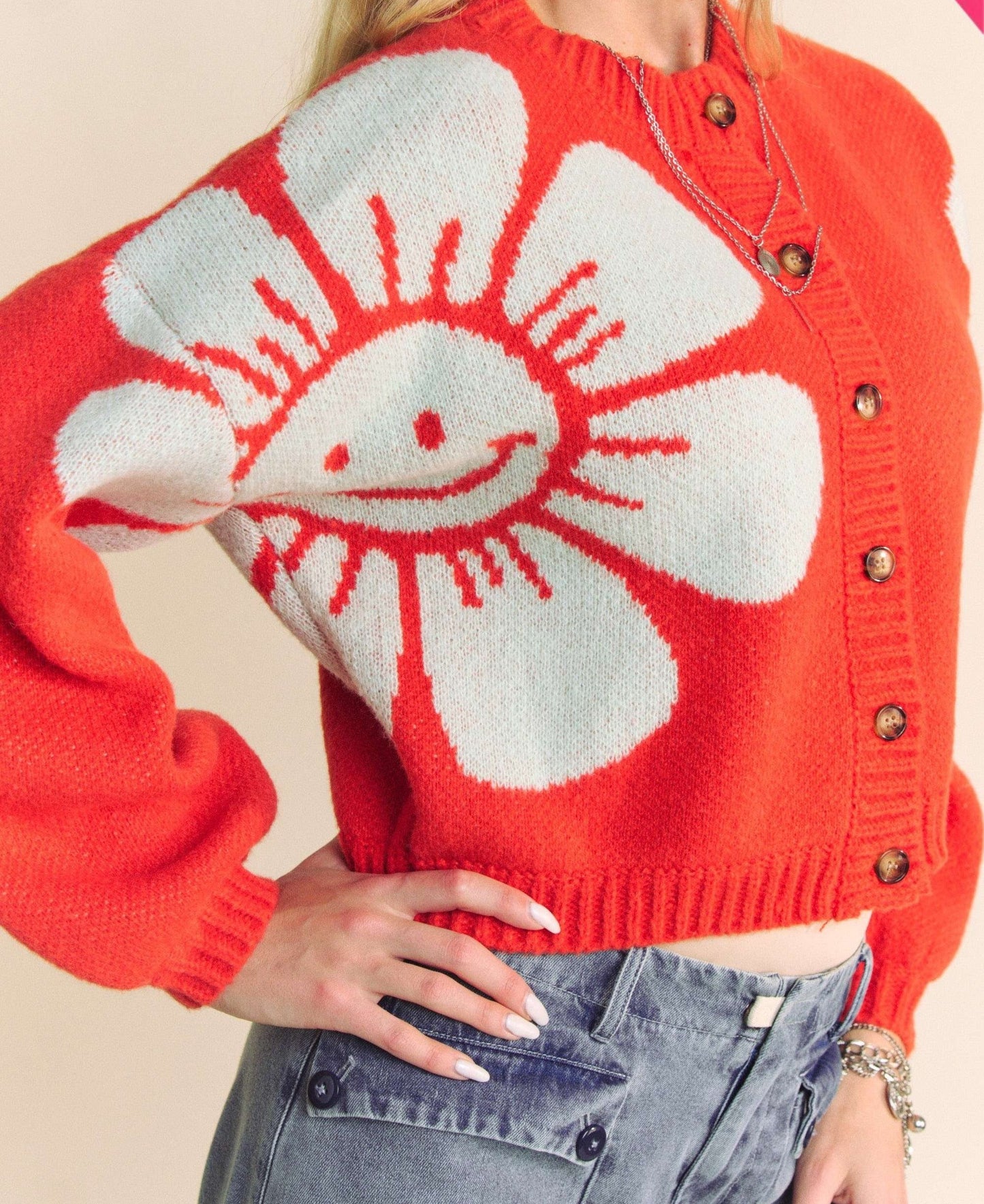 Orange Daisy Print Cropped Cardigan S M L