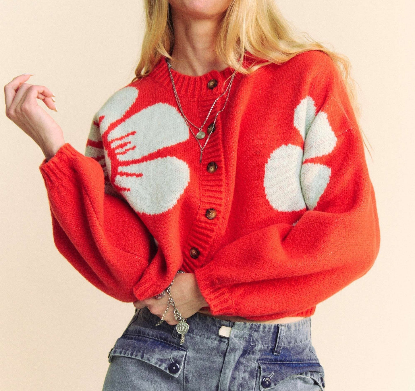 Orange Daisy Print Cropped Cardigan S M L