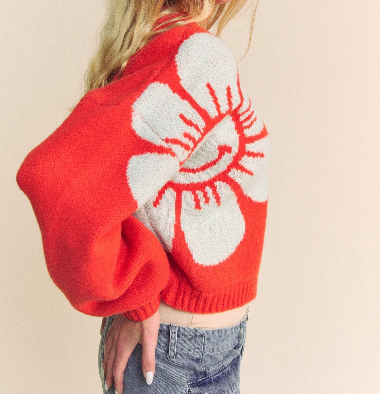 Orange Daisy Print Cropped Cardigan S M L