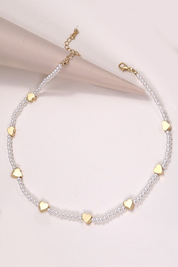 Pearl Necklace With Gold Heart Charms