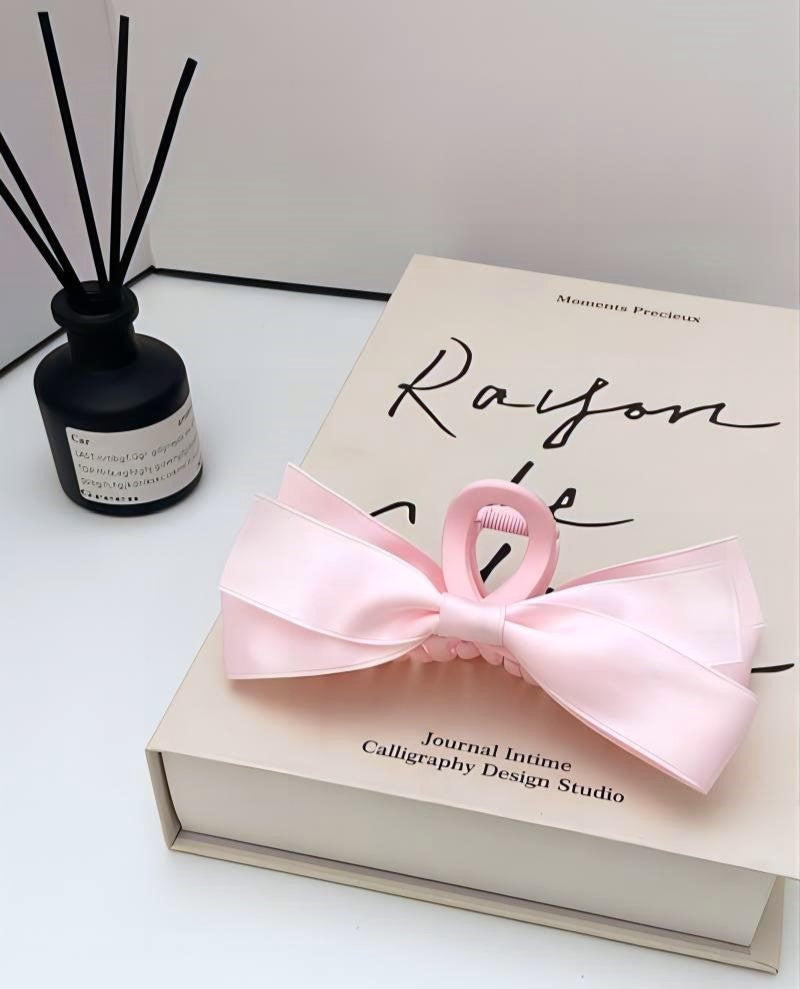 Silk Ribbon Bow Hair Claw Clip - Pink