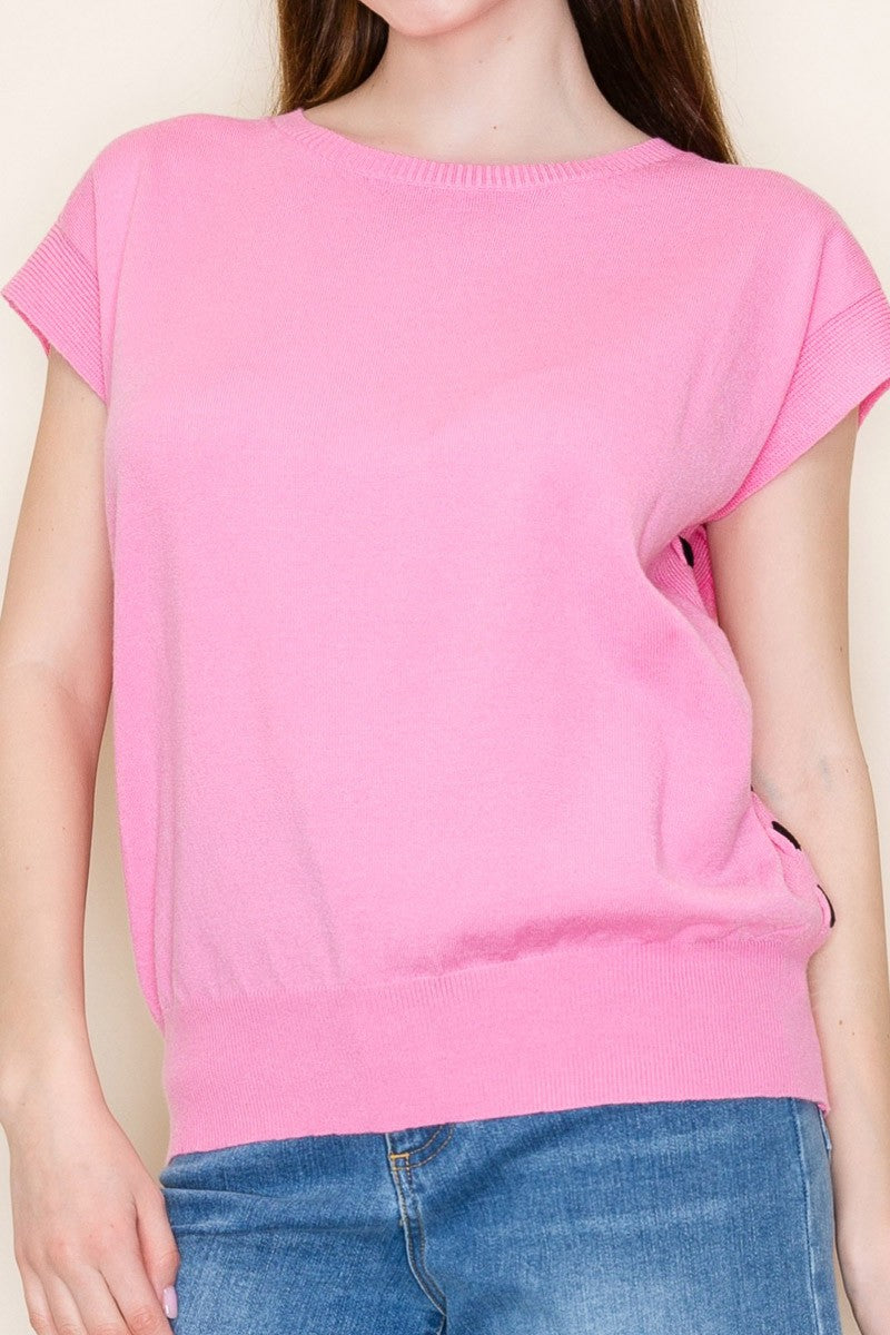 Pretty In Pink Knit Top Black Side Stitch - White Birch