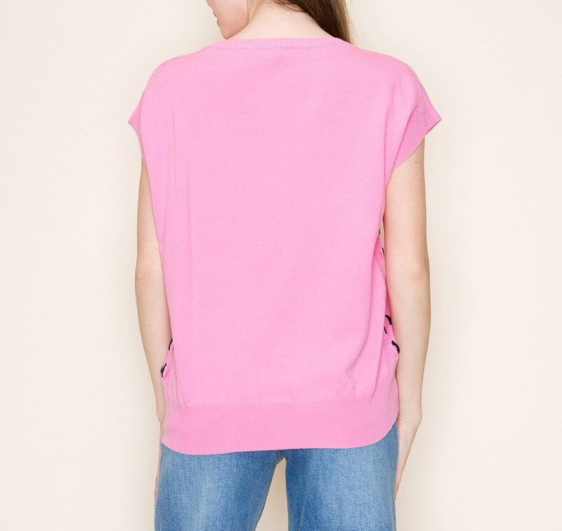 Pretty In Pink Knit Top Black Side Stitch - White Birch