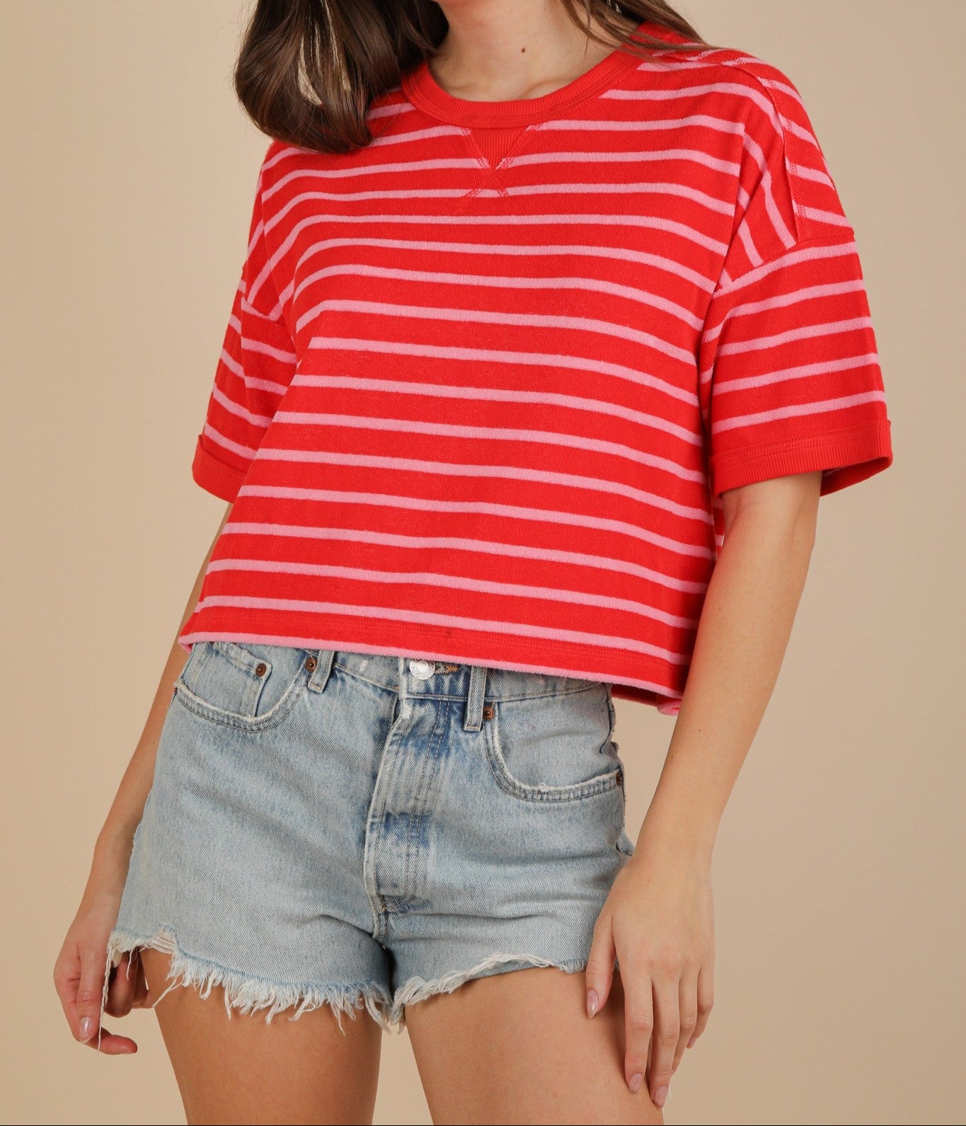 Red and Pink Striped Terry Feel Striped Knit Top - VeryJ