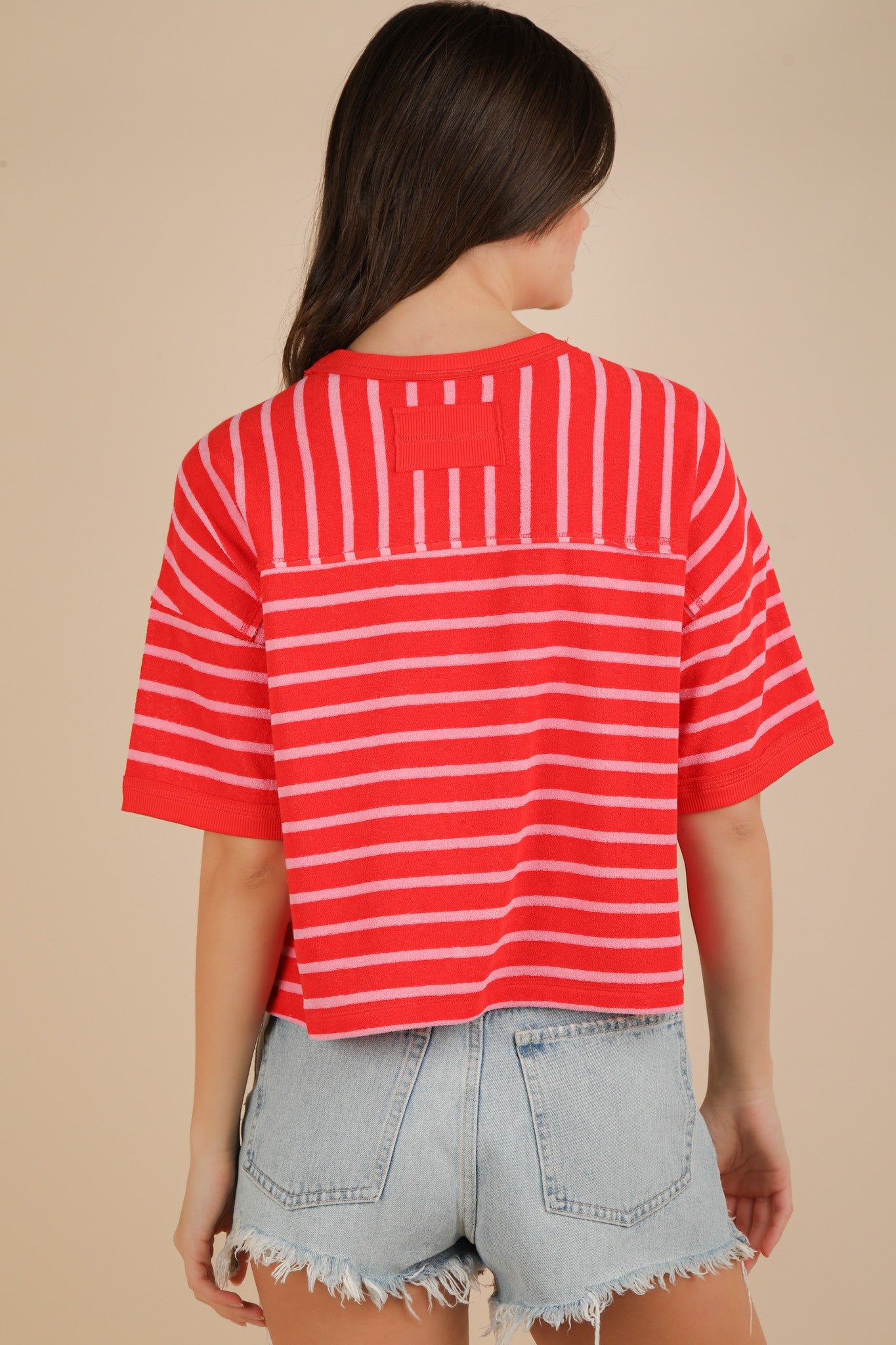 Red and Pink Striped Terry Feel Striped Knit Top - VeryJ