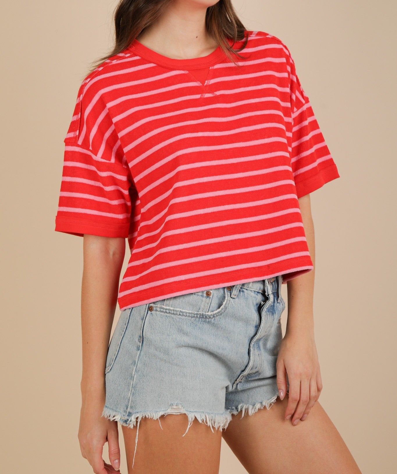Red and Pink Striped Terry Feel Striped Knit Top - VeryJ