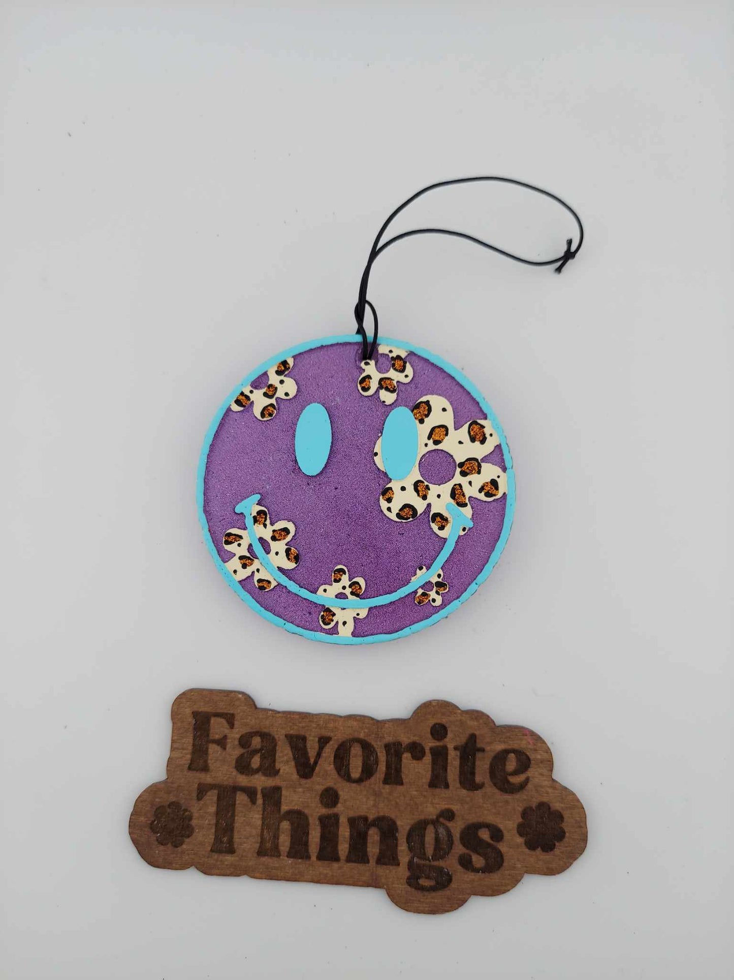 Smiley Round with Leopard Flowers Freshie - Purple Background