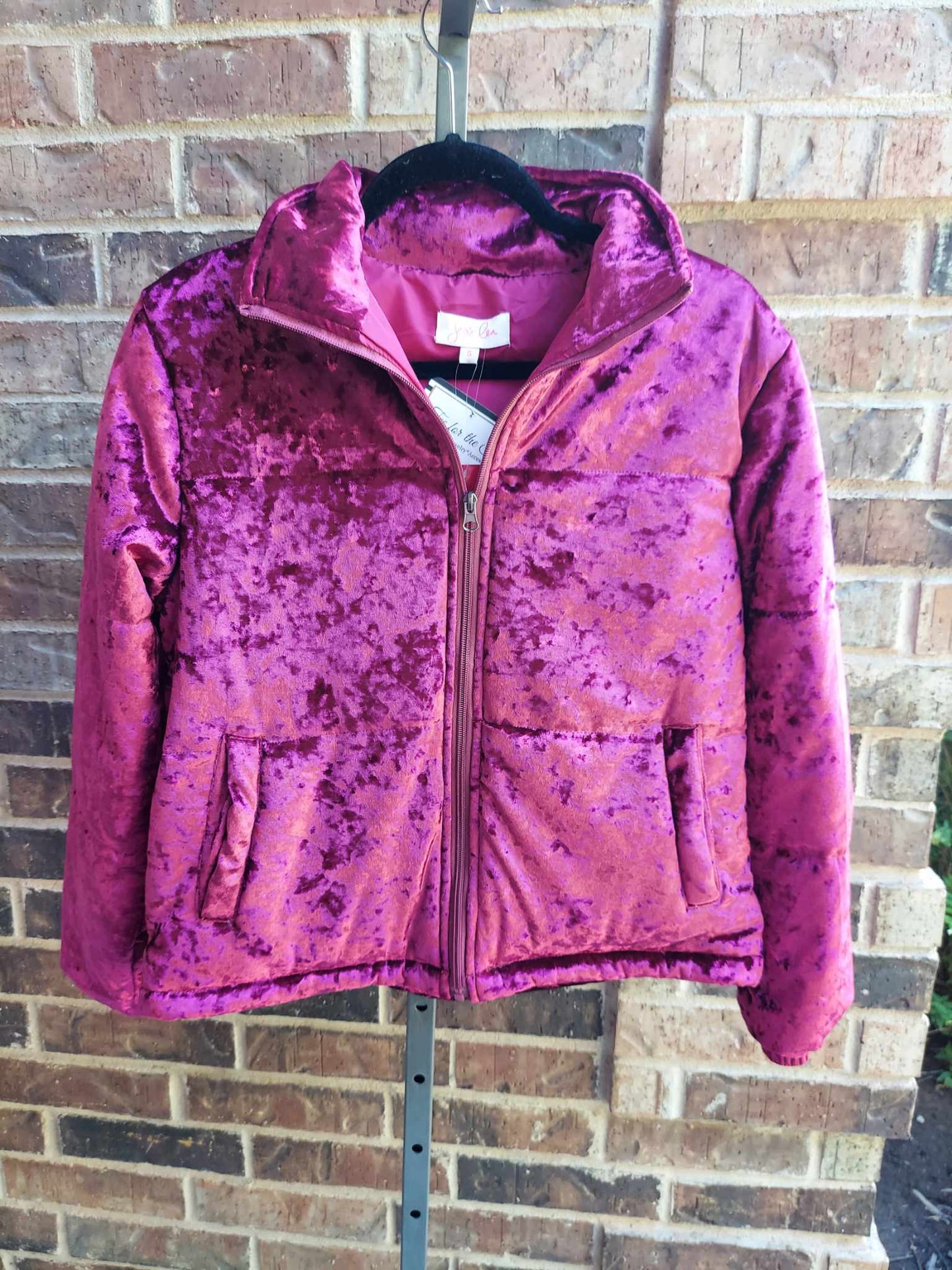 Wine Colored Lush Velvet Puffer Jacket - Jess Lea - SMALL Only