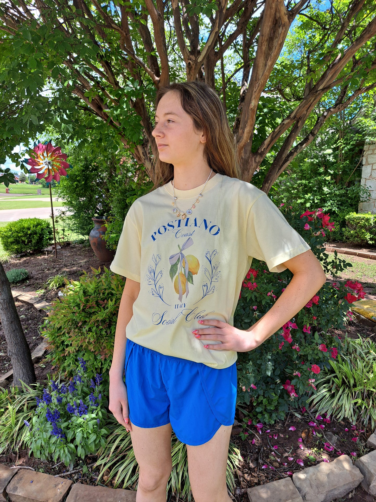 Lemon Print Tee with Blue Bow Graphic