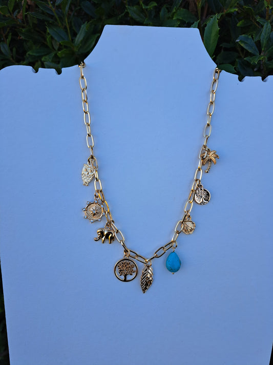 Charm Necklace with Tree Leaf Elephant Turquoise - Gold Link Chain