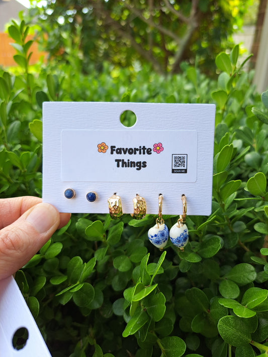 Vintage Ceramic Porcelin Trio Huggie Hoop Earrings