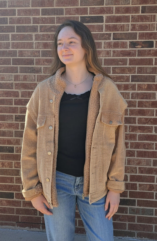 Latte Washed Corduroy Mixed Sherpa Jacket - S M L
