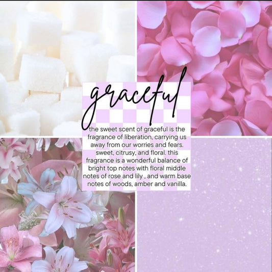 The image features a collage of soft floral textures and colors with the word 'graceful' prominently displayed. It includes close-up shots of pink petals
