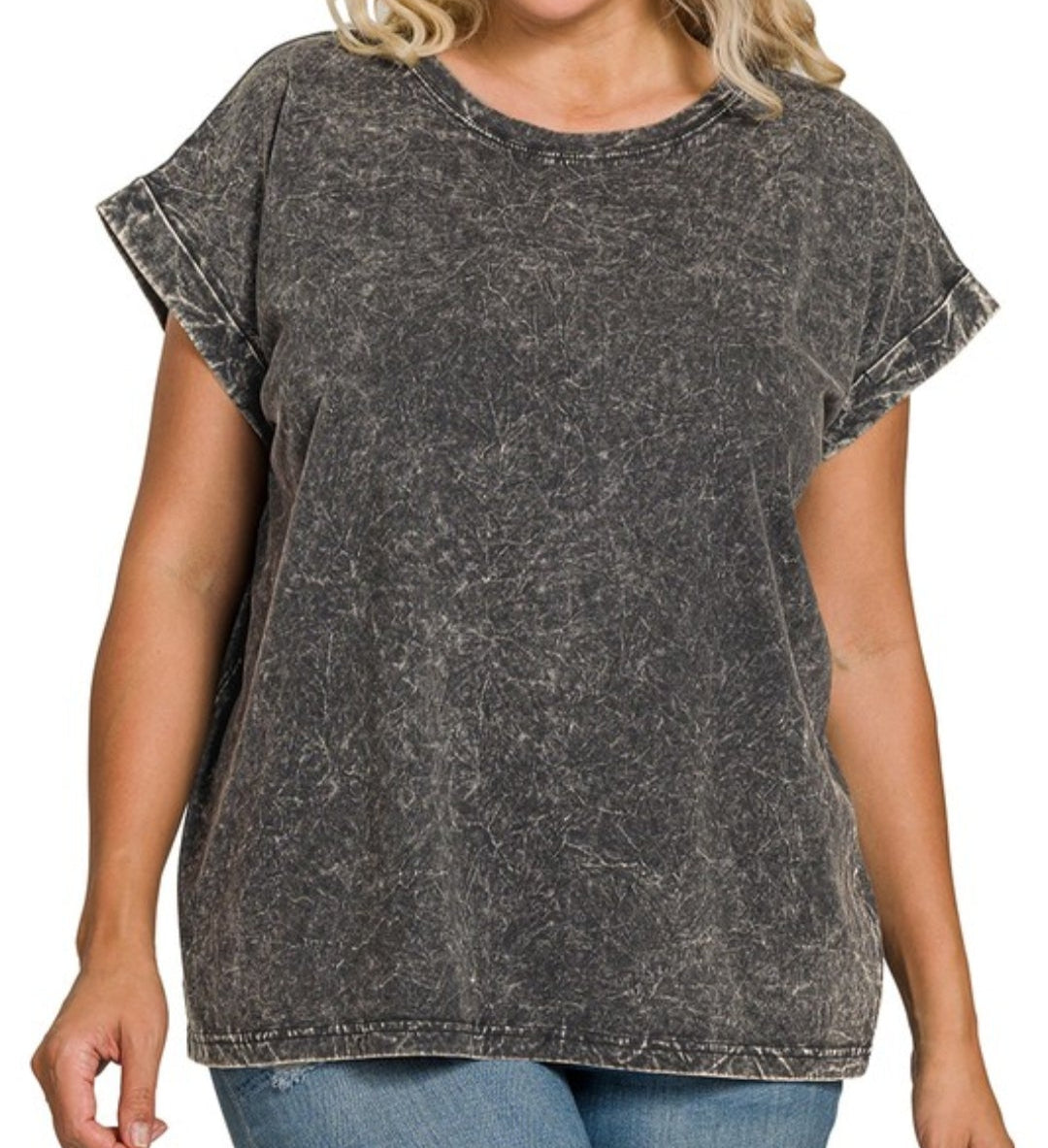 Black Drop Shoulder Acid Washed Top L XL 2X - Zenana