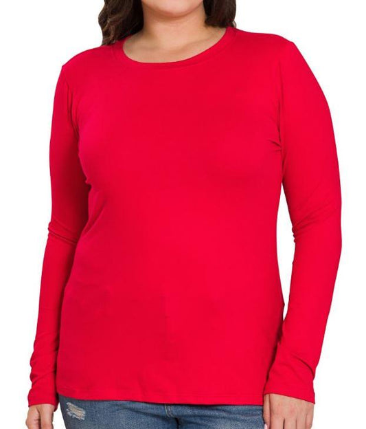 Ruby Red Microfiber Round Neck Long Sleeve Top - S M L XL 1X 2X