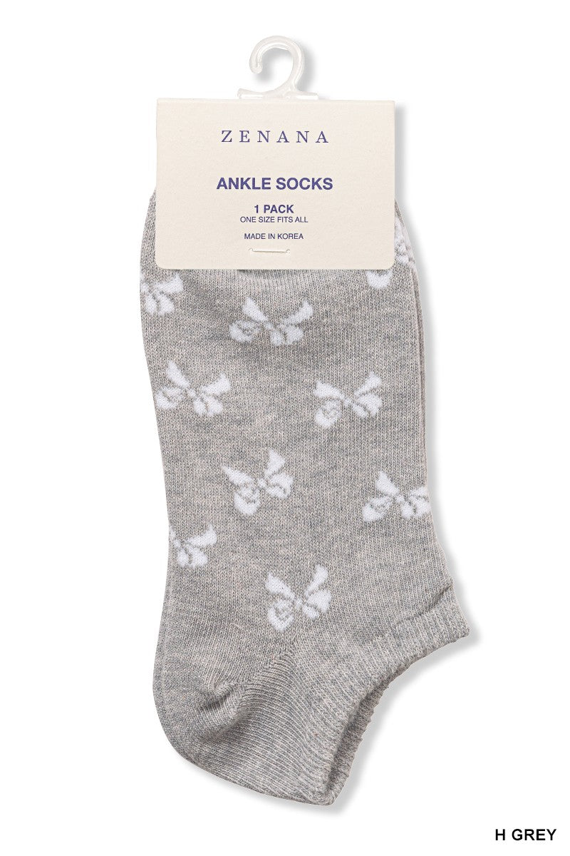 Heathered Gray Ankle Socks - White Bow Print