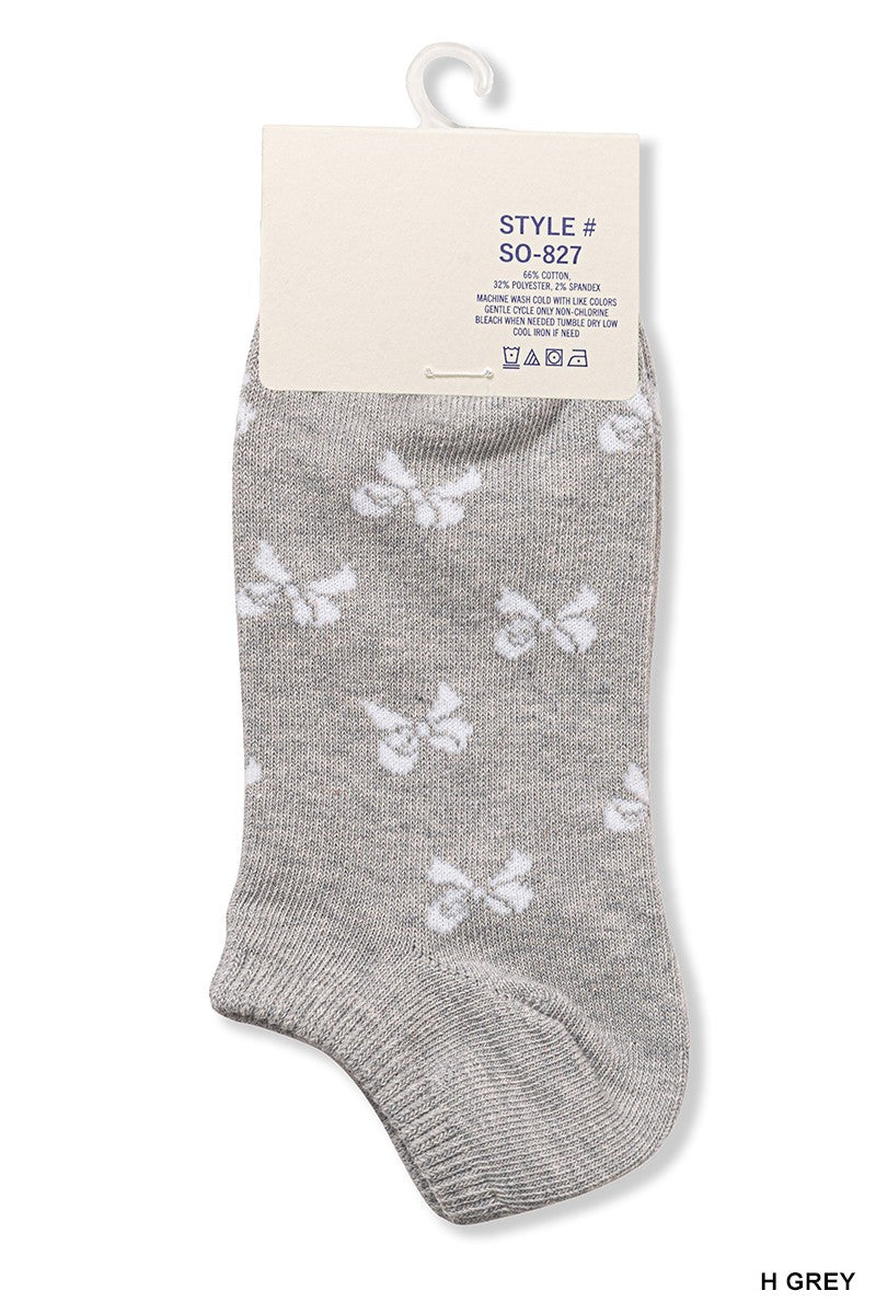 Heathered Gray Ankle Socks - White Bow Print