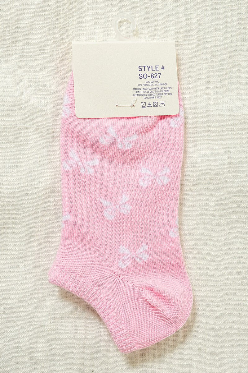 Pink Ankle Socks - White Bow Print