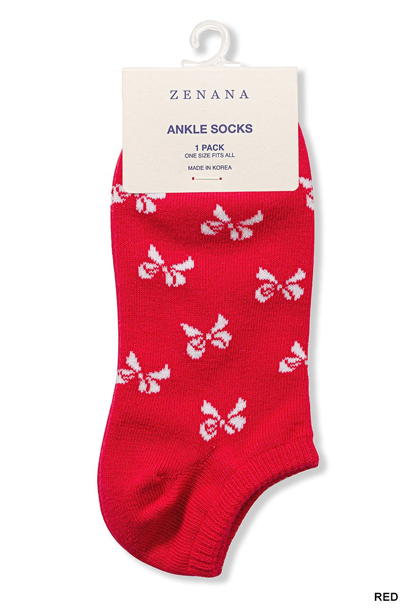 Red ankle socks with white bows on a white background, front