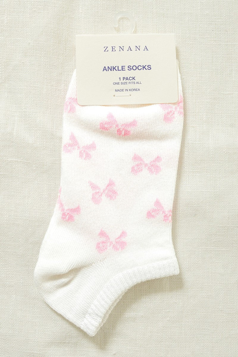 White Ankle Socks - Pink Bow Print