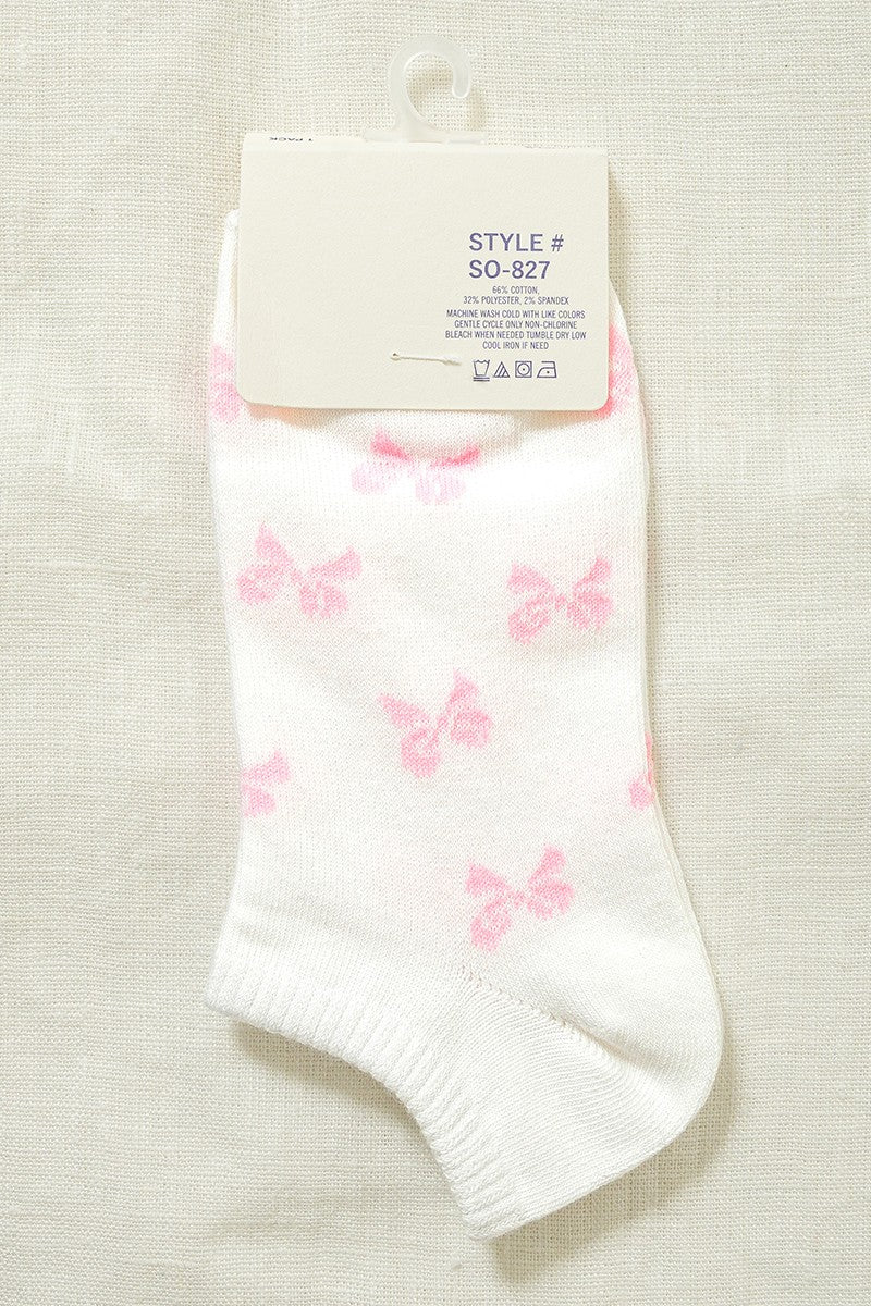 White Ankle Socks - Pink Bow Print
