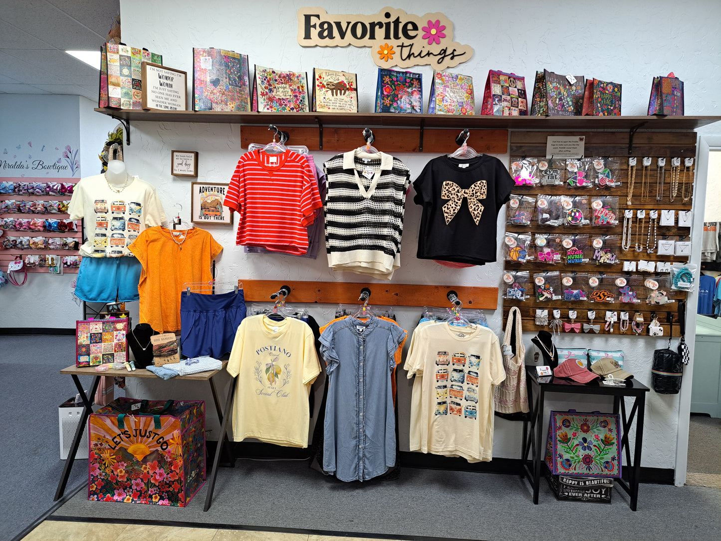 Display of clothing and accessories in a store.